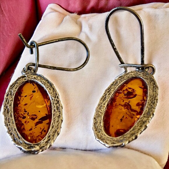 Amber Sterling Silver Dangle Drop Earrings Leverback Handcrafted New - Picture 4 of 7